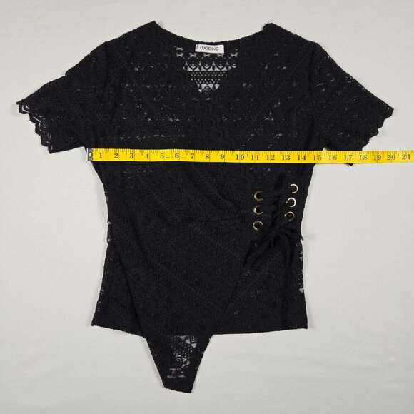LUODING Gothic Black Lace Wrap Top w/ Grommet Corset Detail & Asymmetrical Hem - Picture 8 of 12